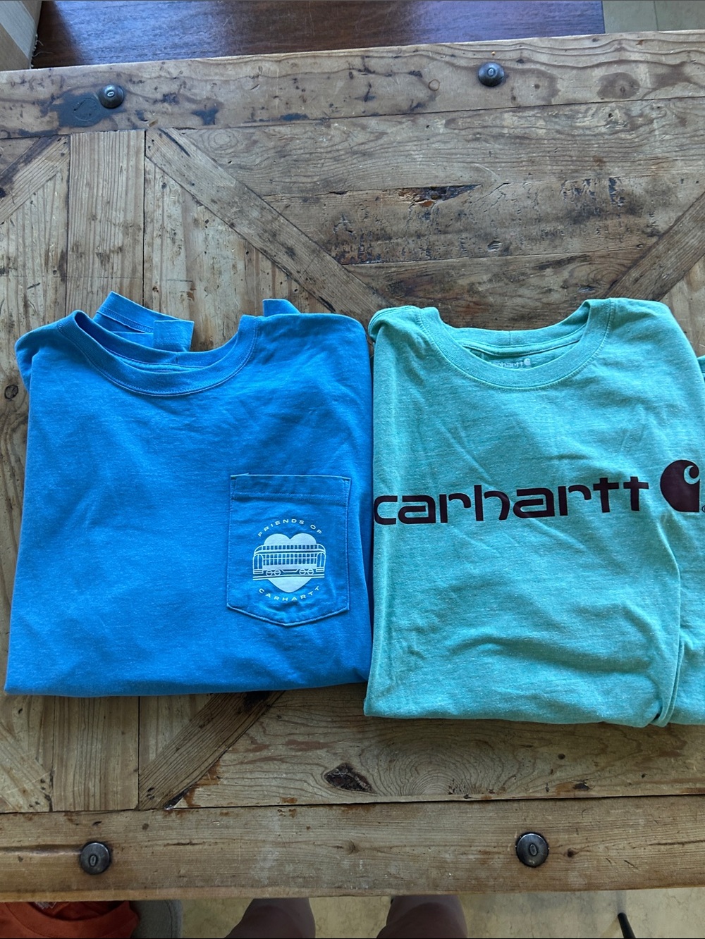 Two Men’s XL Carhartt Logo Short-Sleeve Tee Shirts  Blue & Green